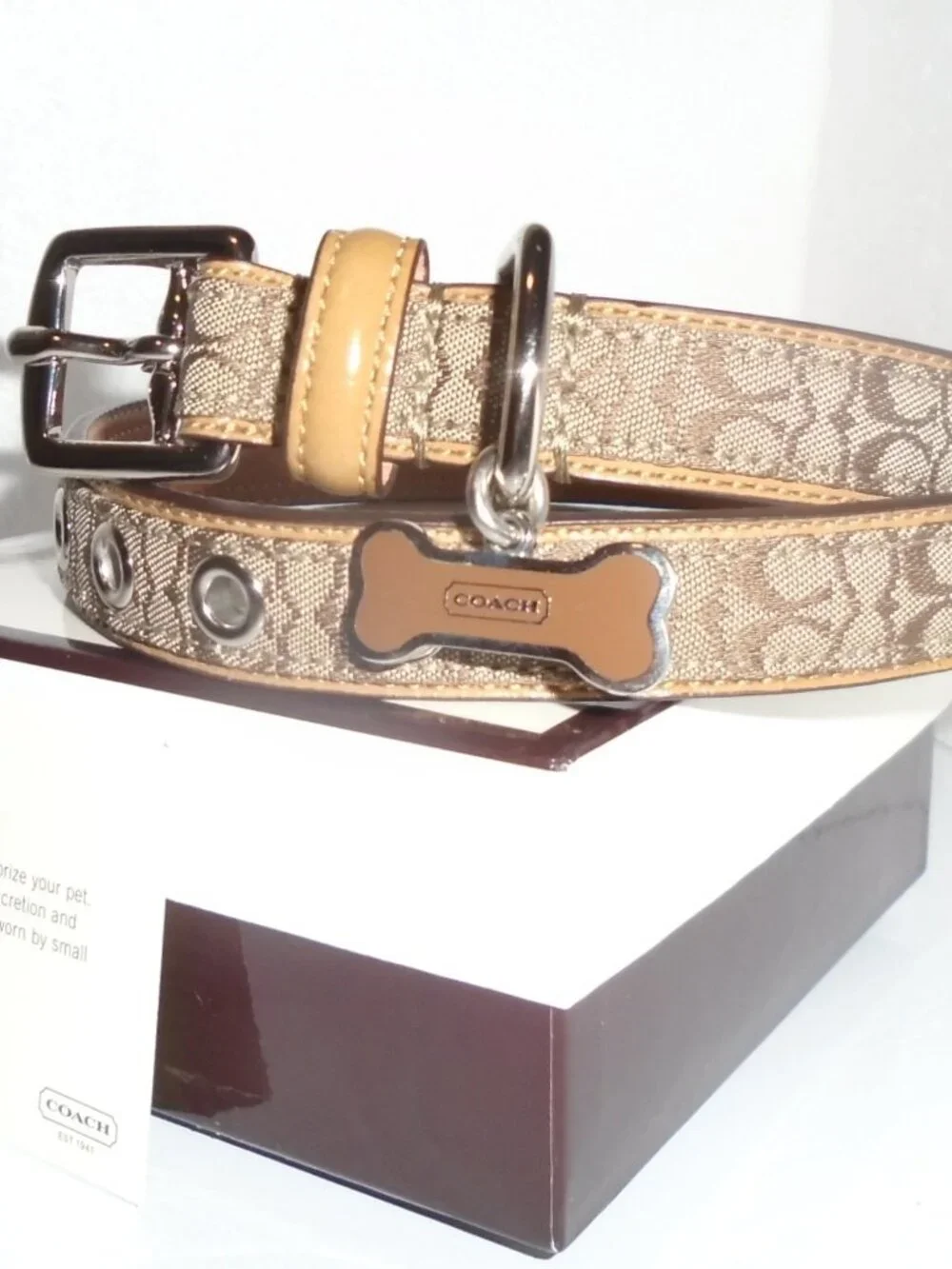 NEW VINTAGE COACH TAN BROWN JACQUARD SIGNATURE C LEATHER DOG COLLAR 60364 SIZE M